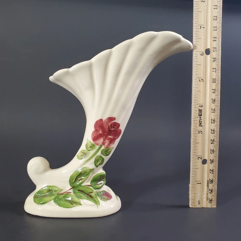 Hand Painted Cornucopia Vase Mid Century Horn of Plenty Decor Vintage MCM